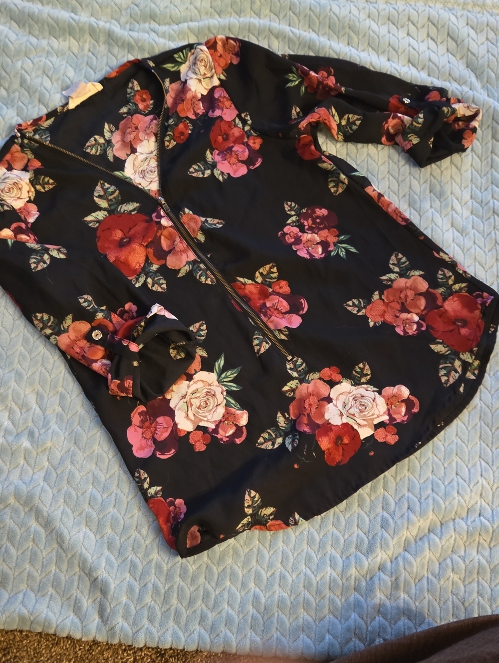 Black Floral Zip-Front Blouse